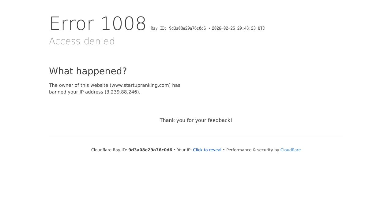 Screenshot of Startup Ranking homepage