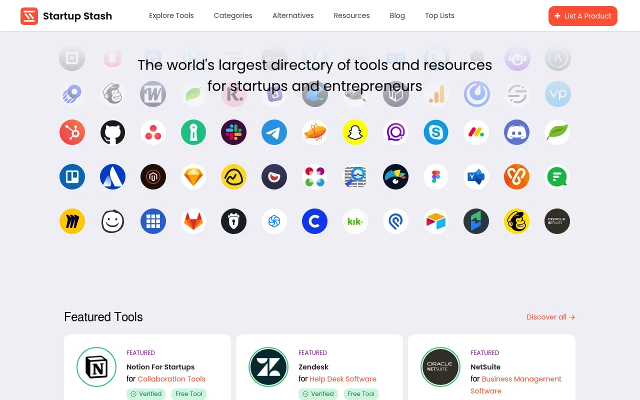 Screenshot of Startup Stash homepage