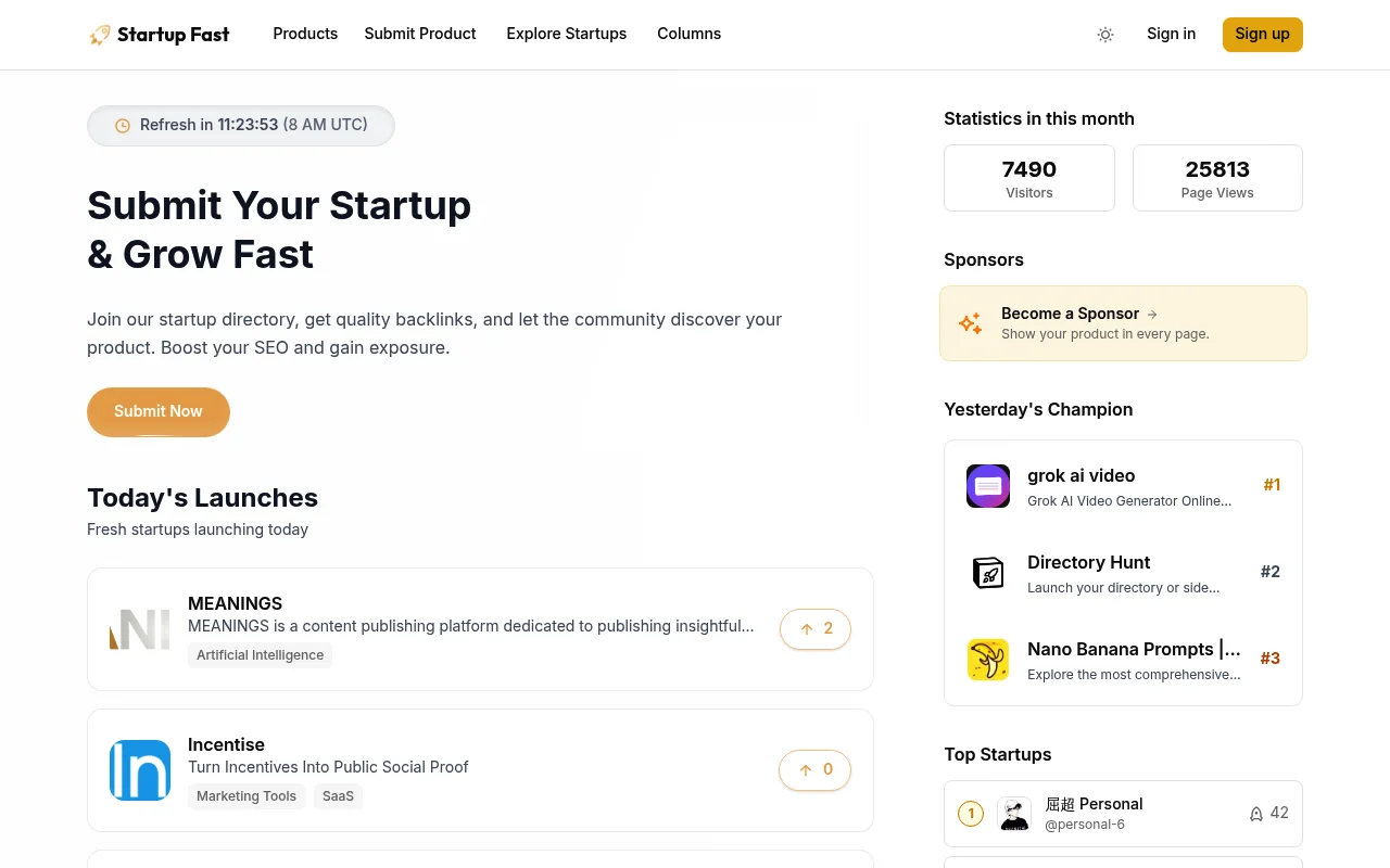 Screenshot of startupfa.st homepage