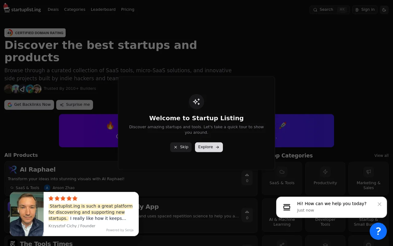 Screenshot of startuplist.ing homepage