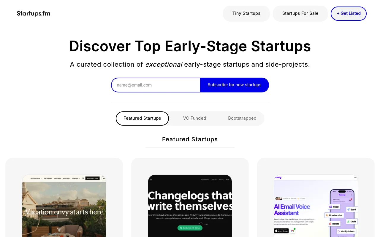 Screenshot of Startups.fm homepage