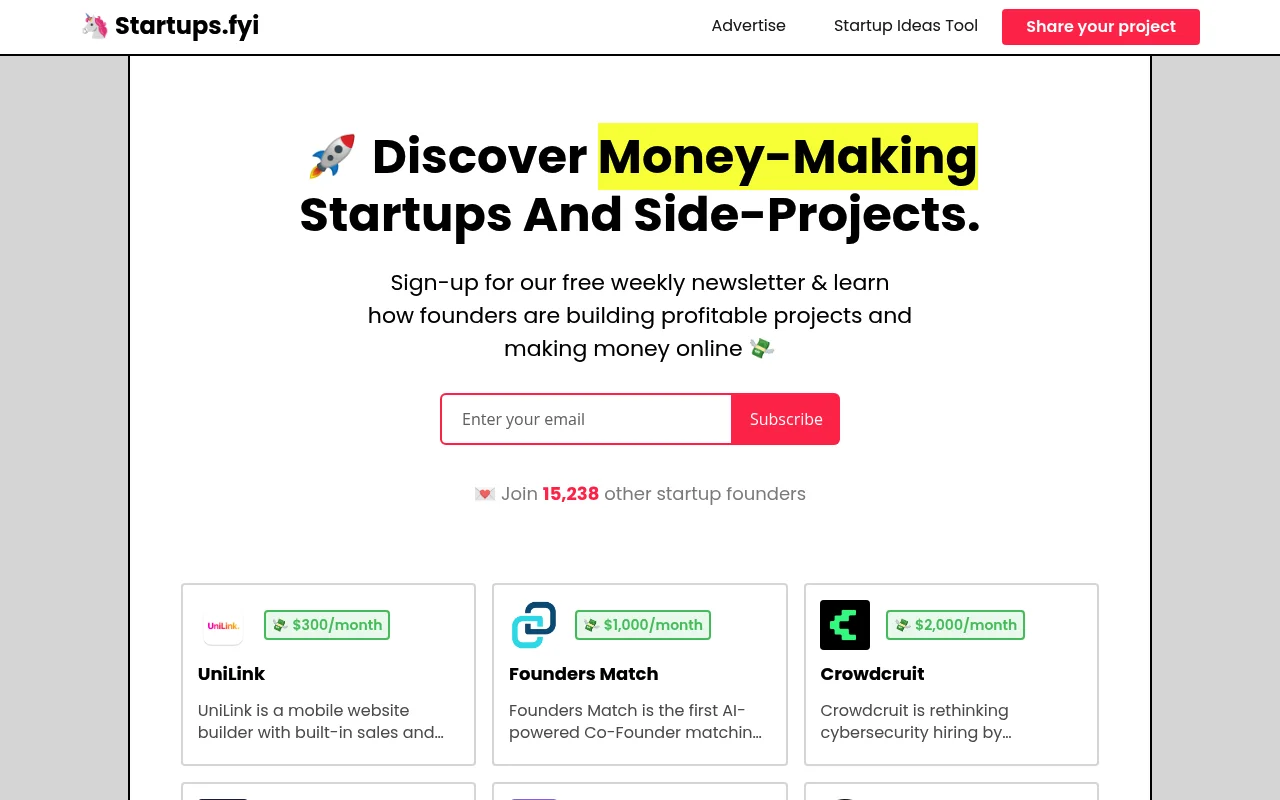 Screenshot of startups.fyi homepage
