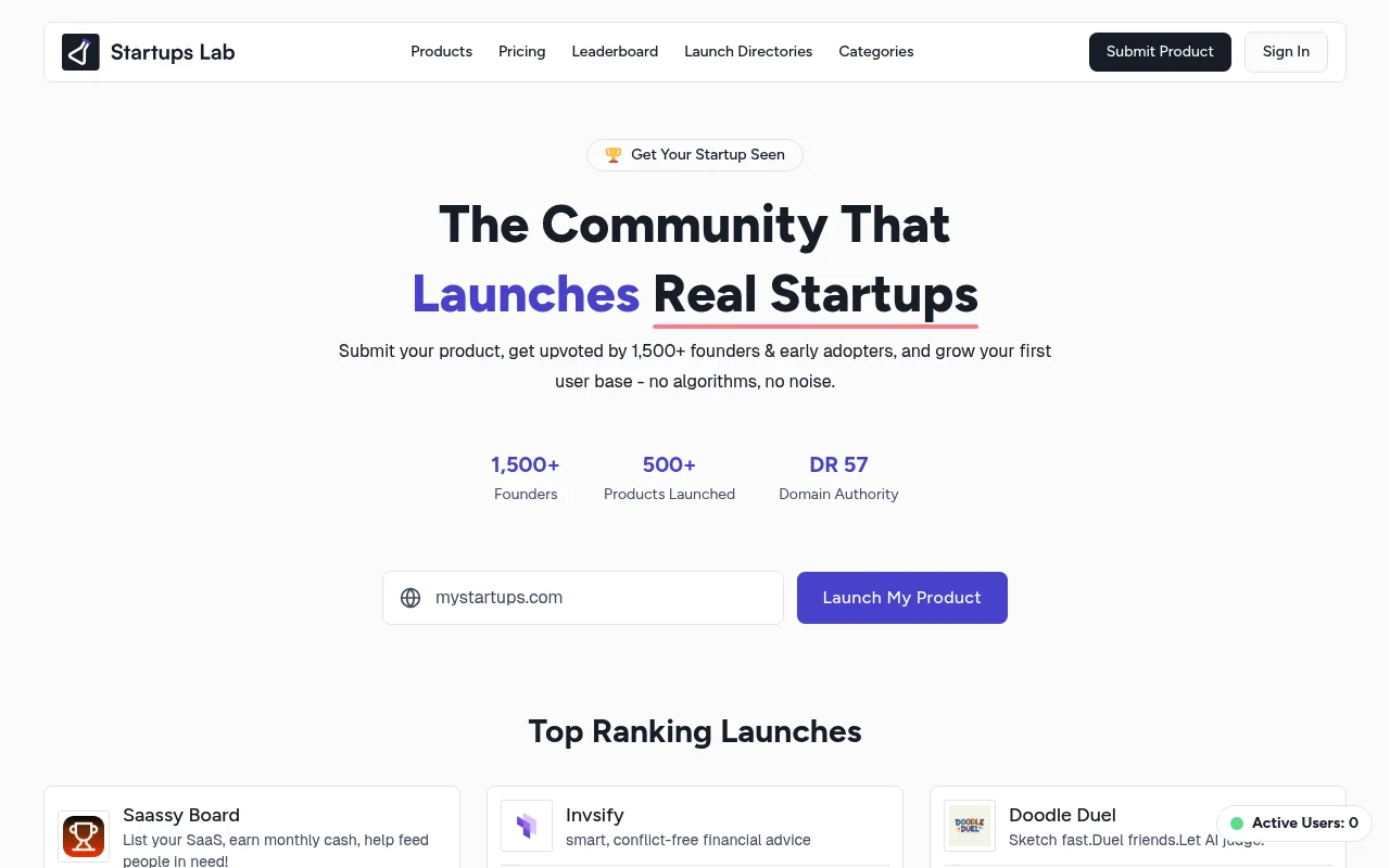 Screenshot of Startups Lab homepage