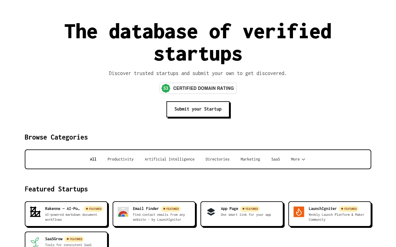 Screenshot of StartupTrusted homepage