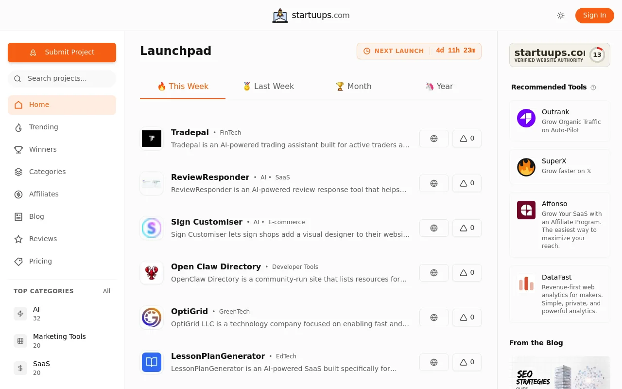 Screenshot of startuups homepage