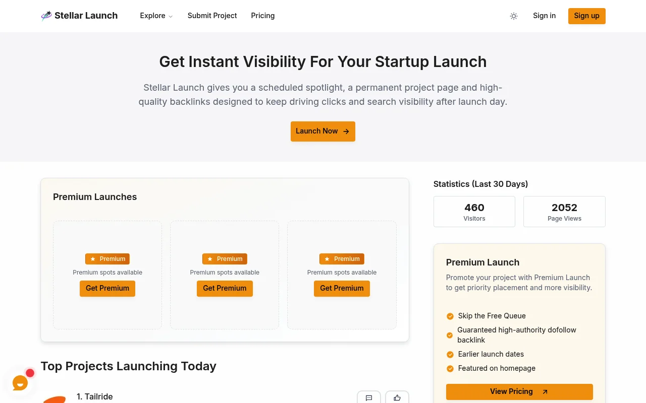 Screenshot of Stellar Launch homepage