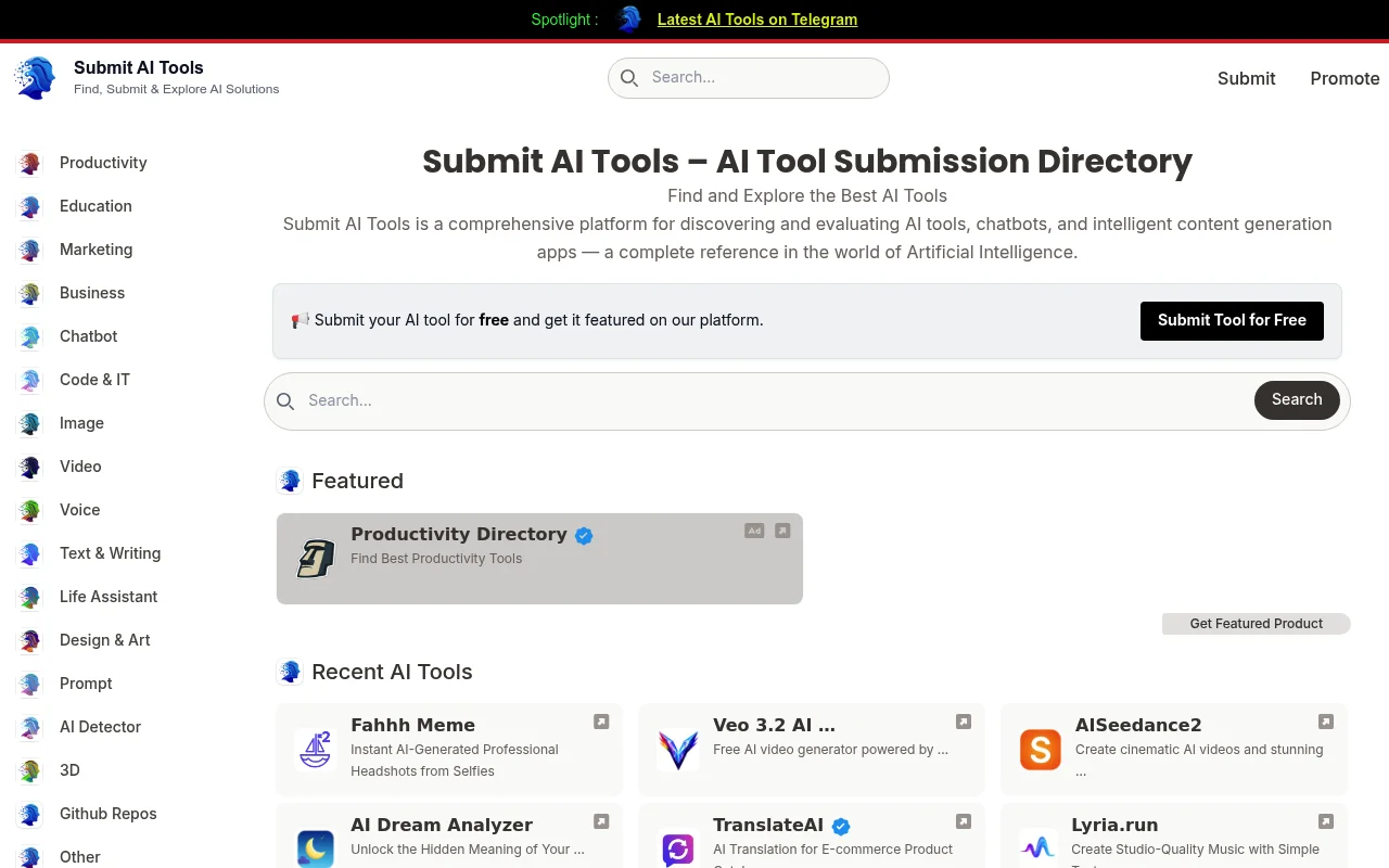 Screenshot of SubmitAiTools homepage