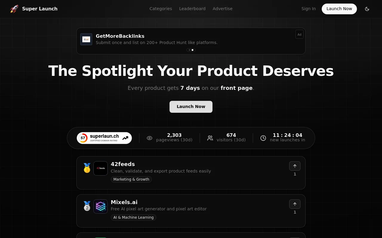 Screenshot of Super Launch homepage