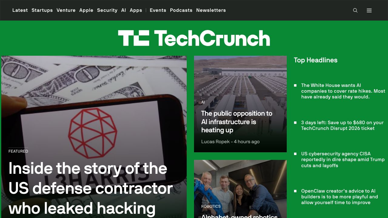 Screenshot of TechCrunch homepage