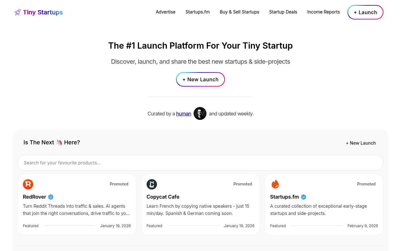 Screenshot of Tiny Startups homepage