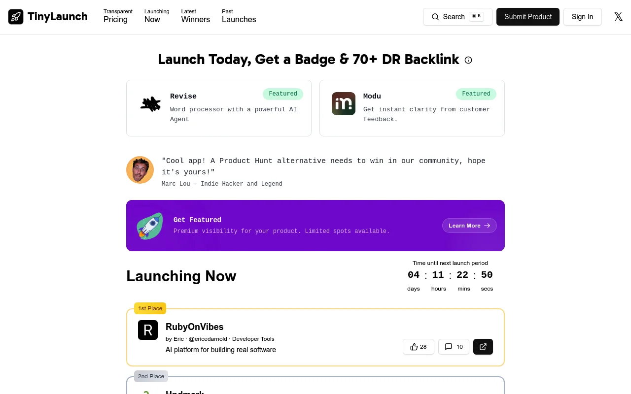 Screenshot of TinyLaunch homepage