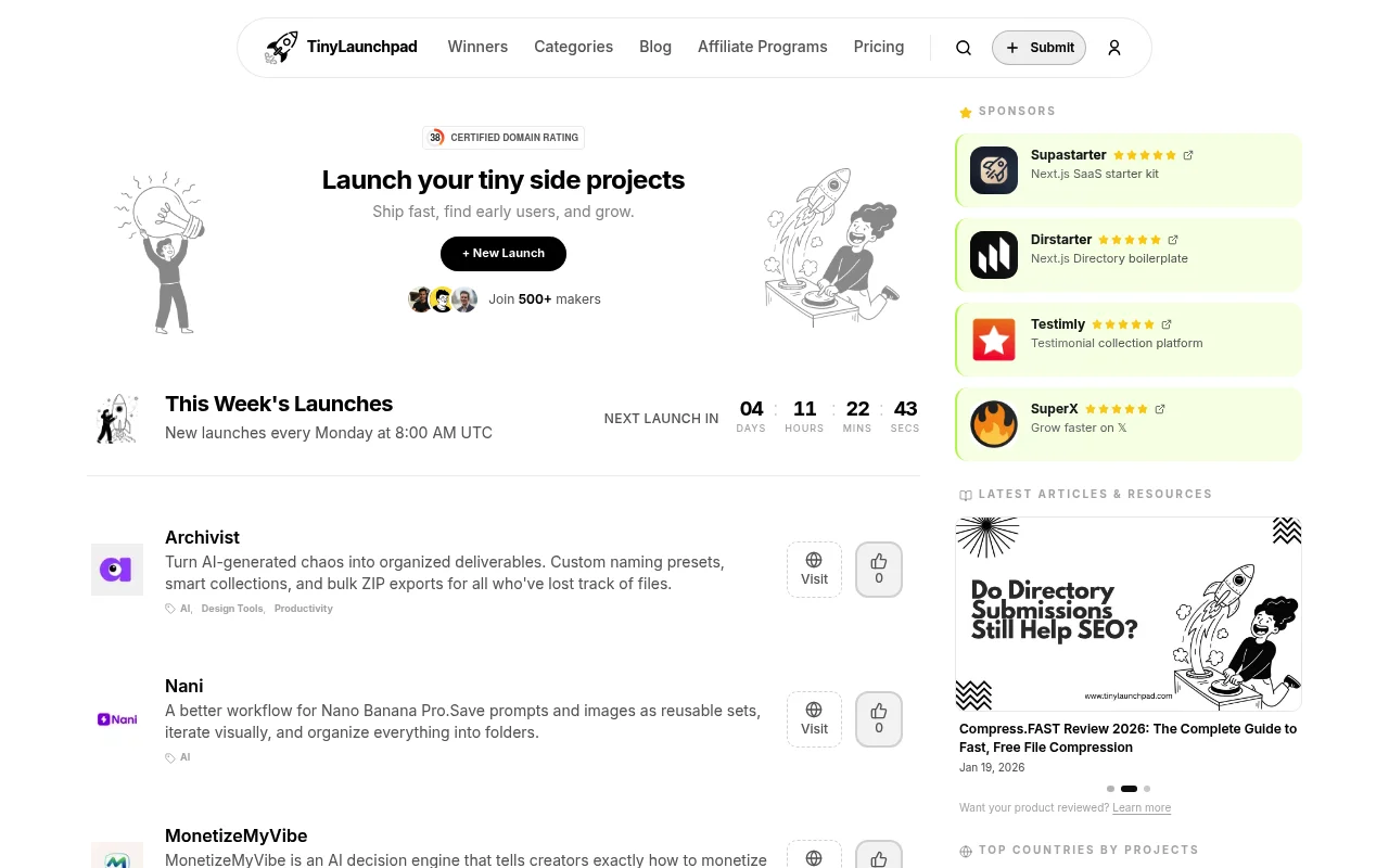 Screenshot of TinyLaunchpad homepage