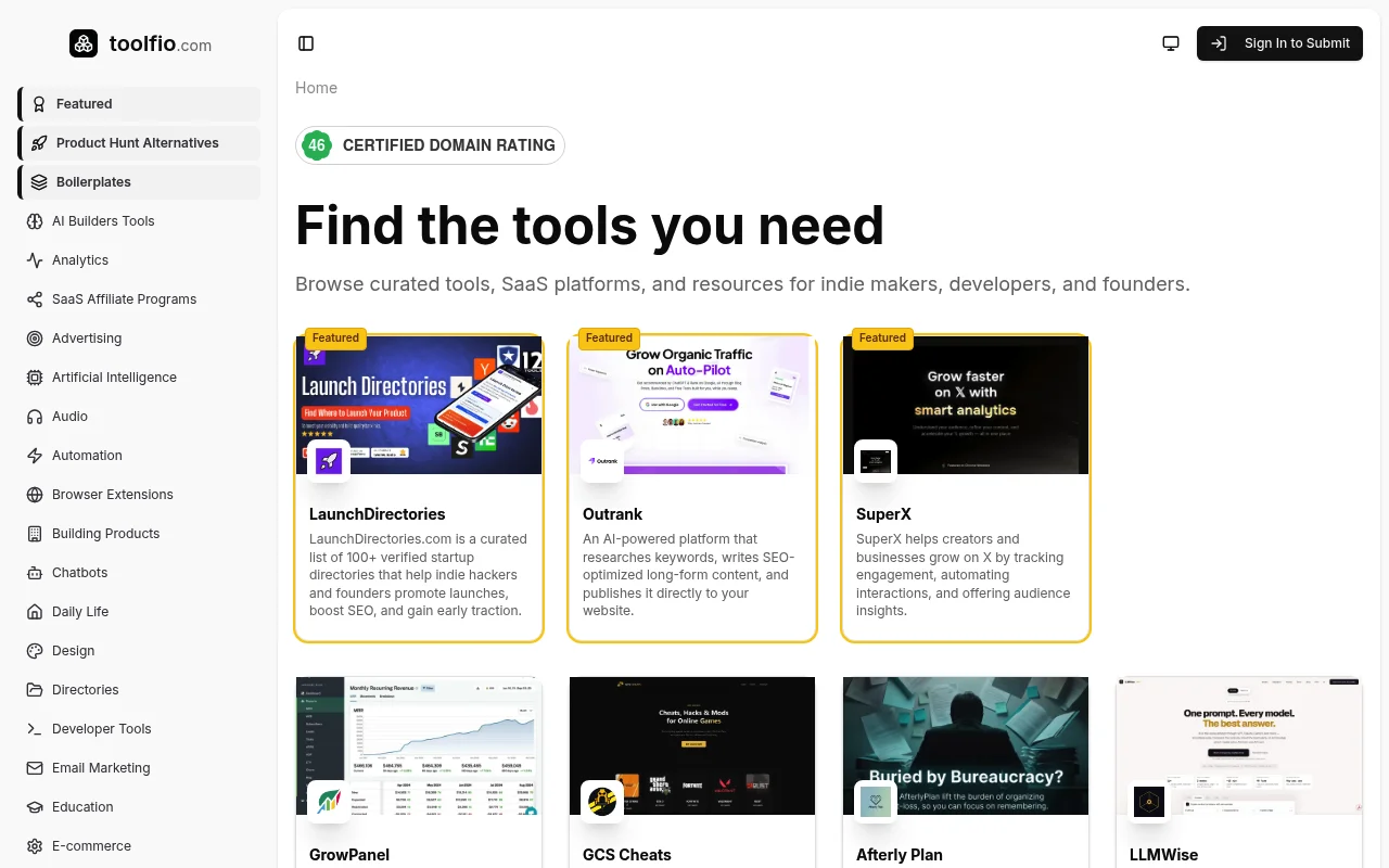 Screenshot of Toolfio homepage