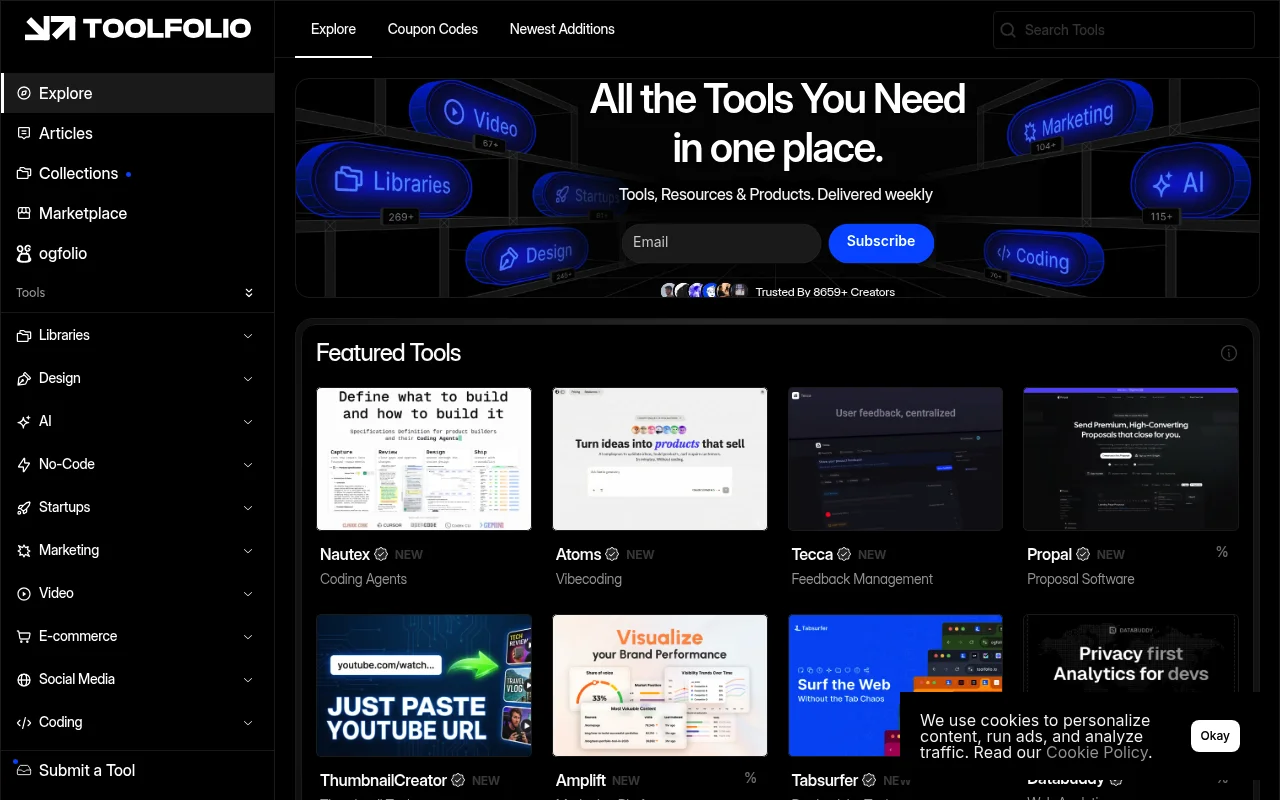 Screenshot of toolfolio homepage
