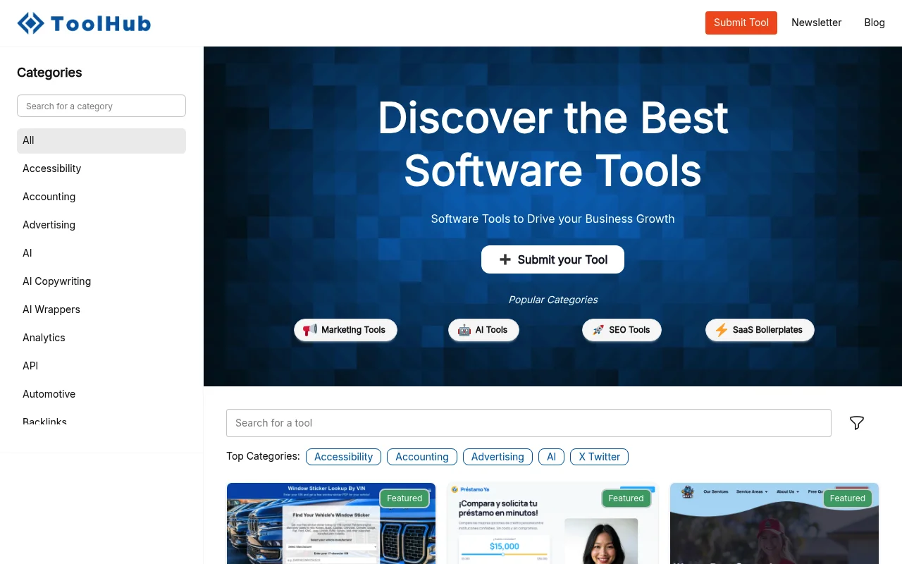 Screenshot of toolhub homepage