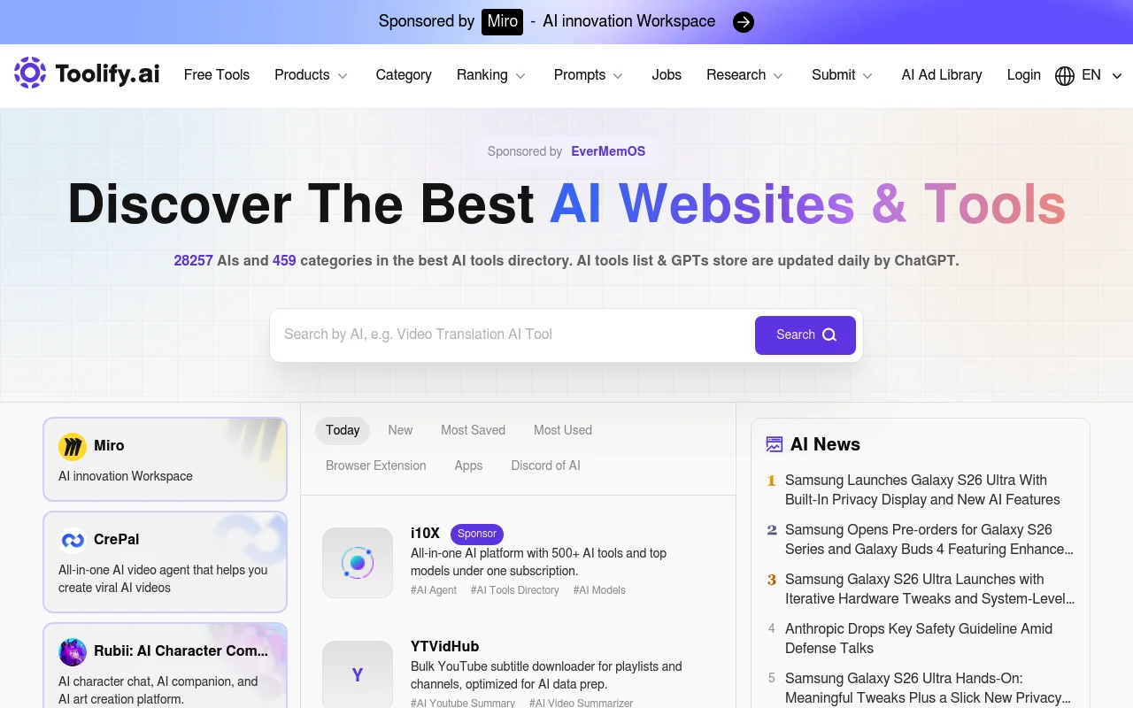 Screenshot of Toolify.ai homepage