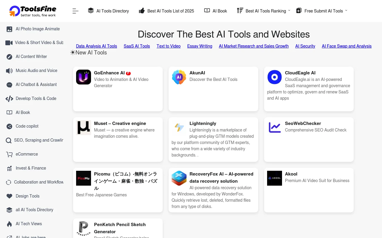 Screenshot of toolsfine homepage