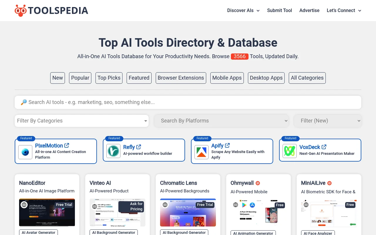 Screenshot of Toolspedia homepage