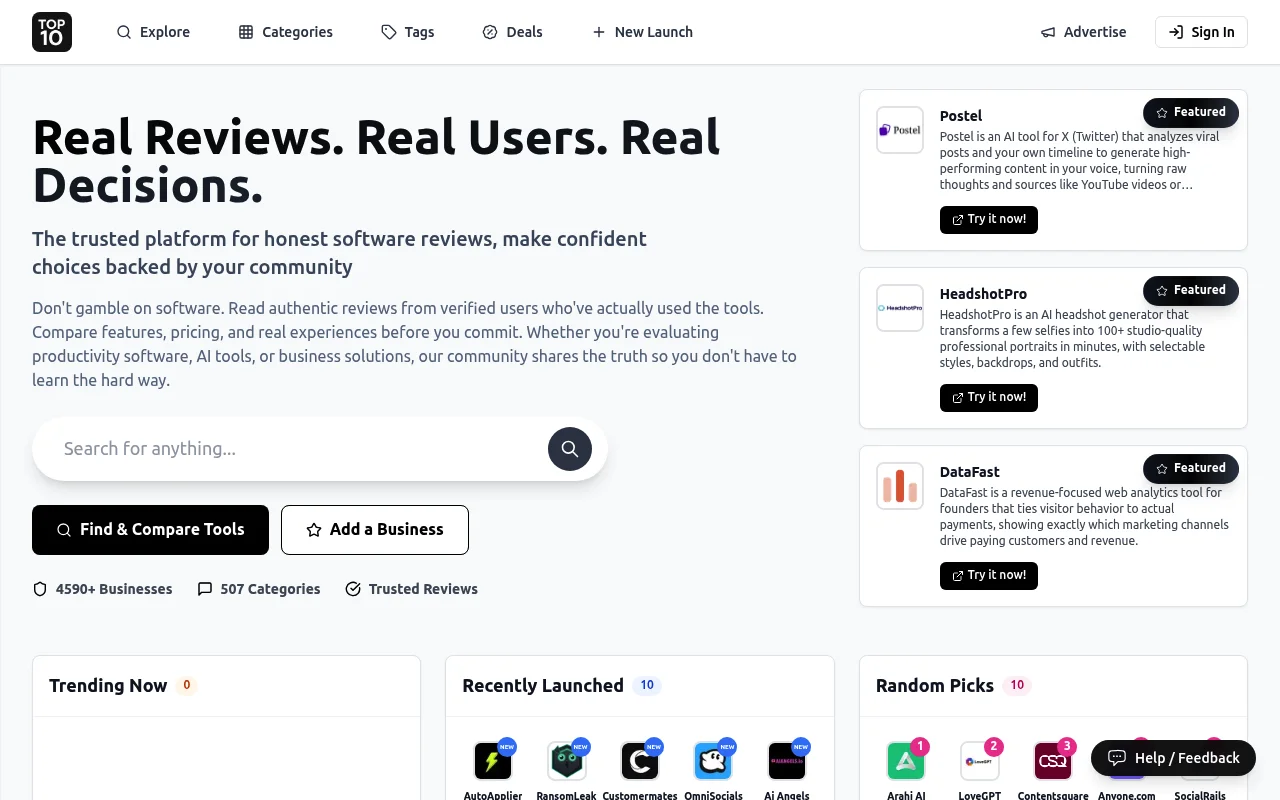 Screenshot of Top10 homepage