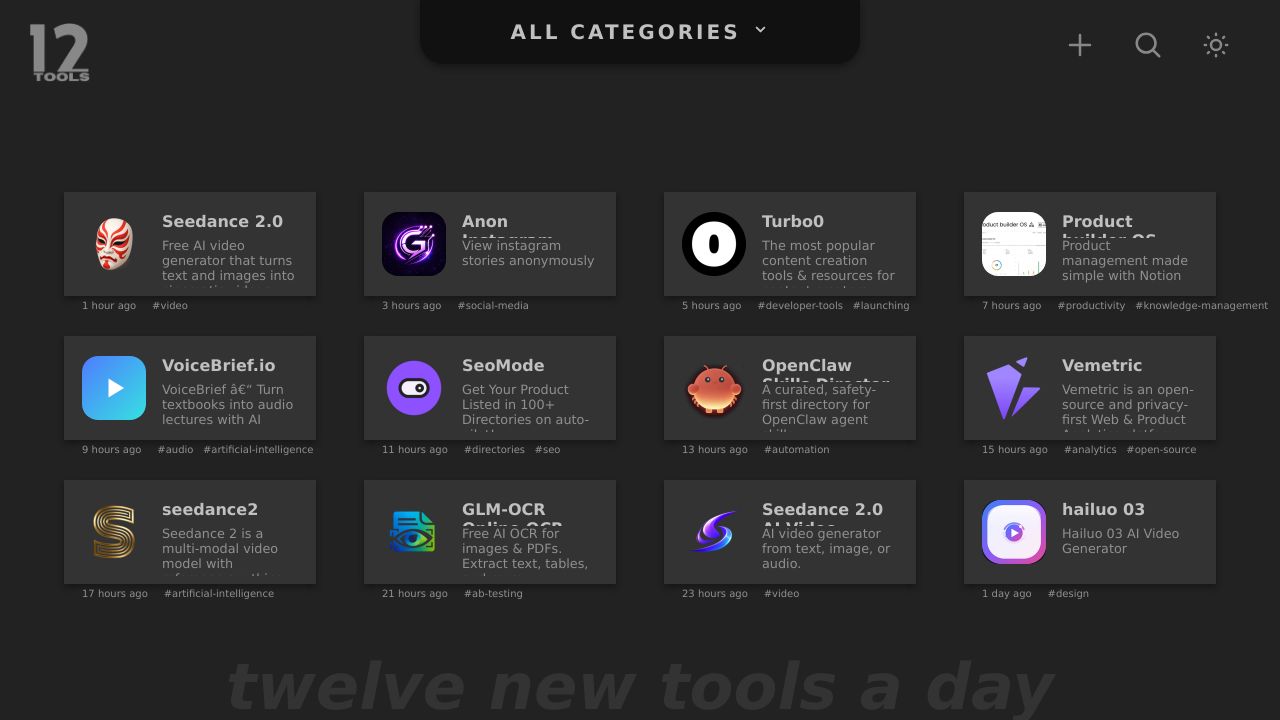 Screenshot of Twelve Tools homepage