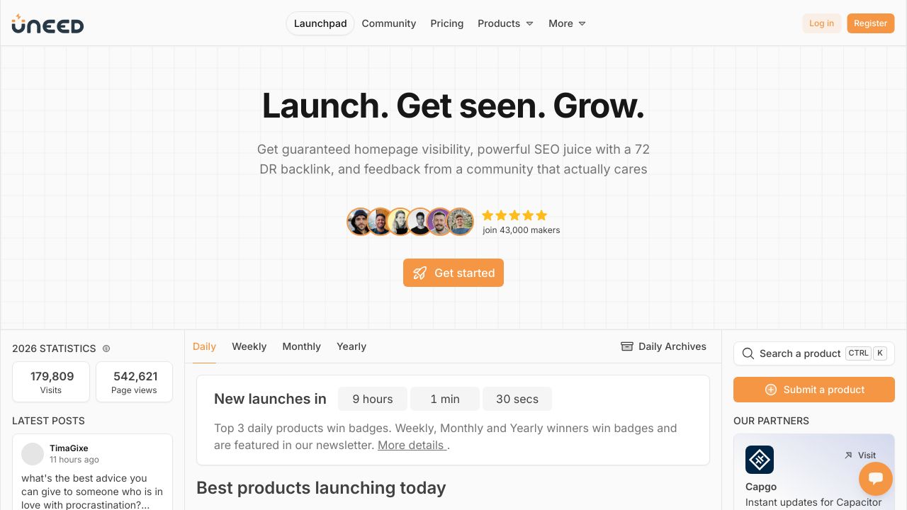 Screenshot of Uneed homepage