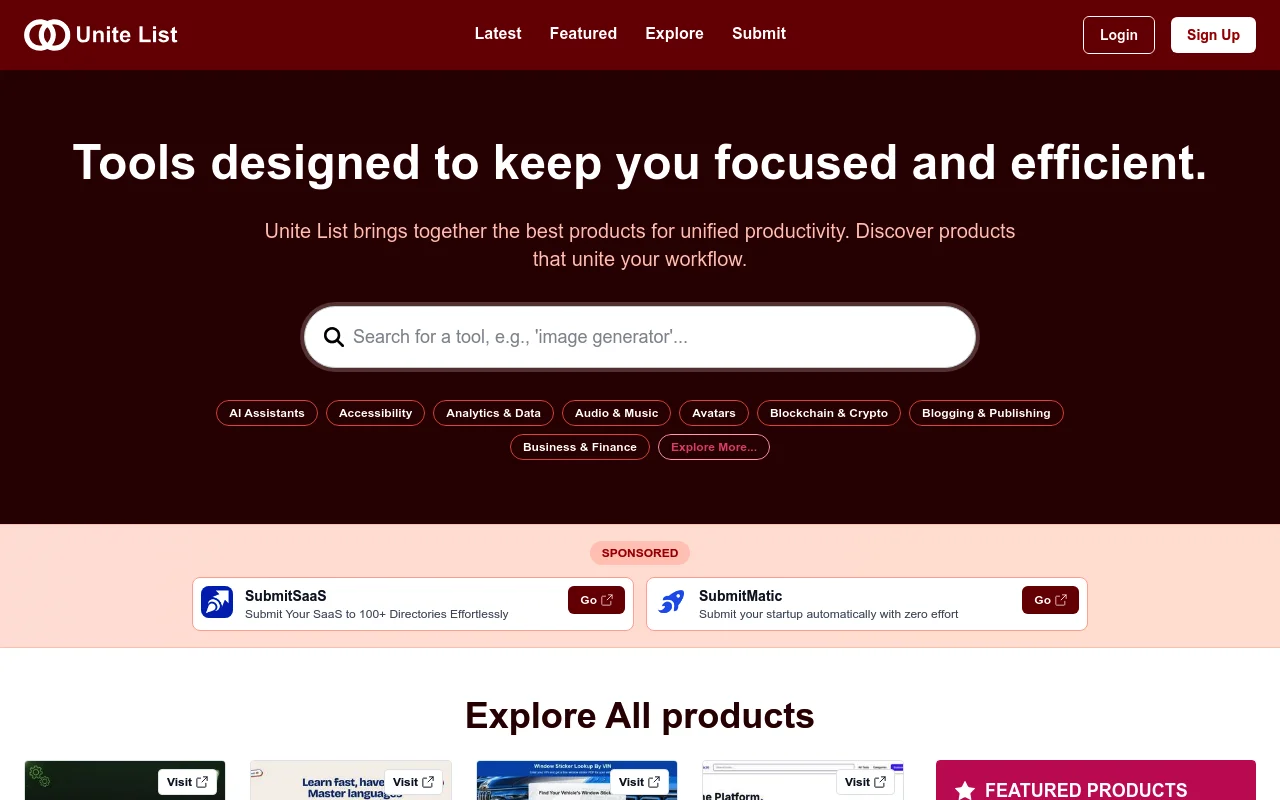 Screenshot of Unite List homepage